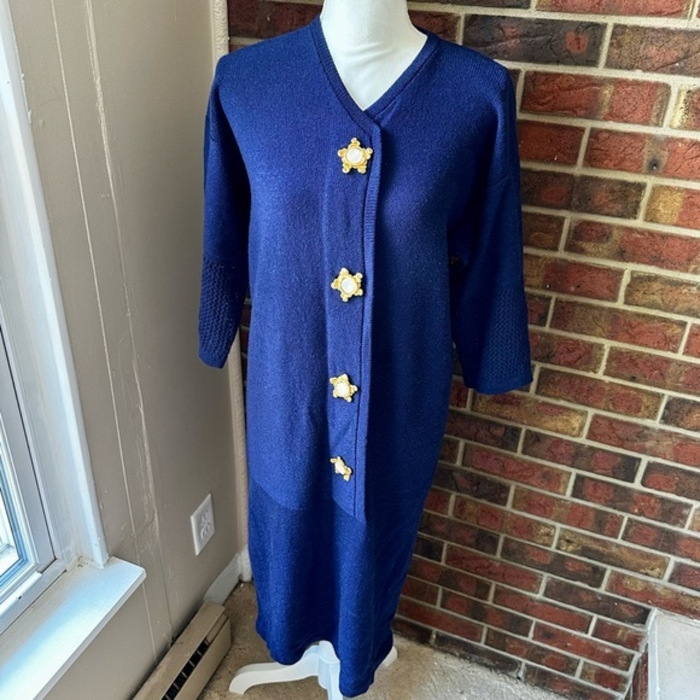 Jewel-tone Blue Midi Dress Gold Star Button Steve Fabrikant 80s Lightweight Wool